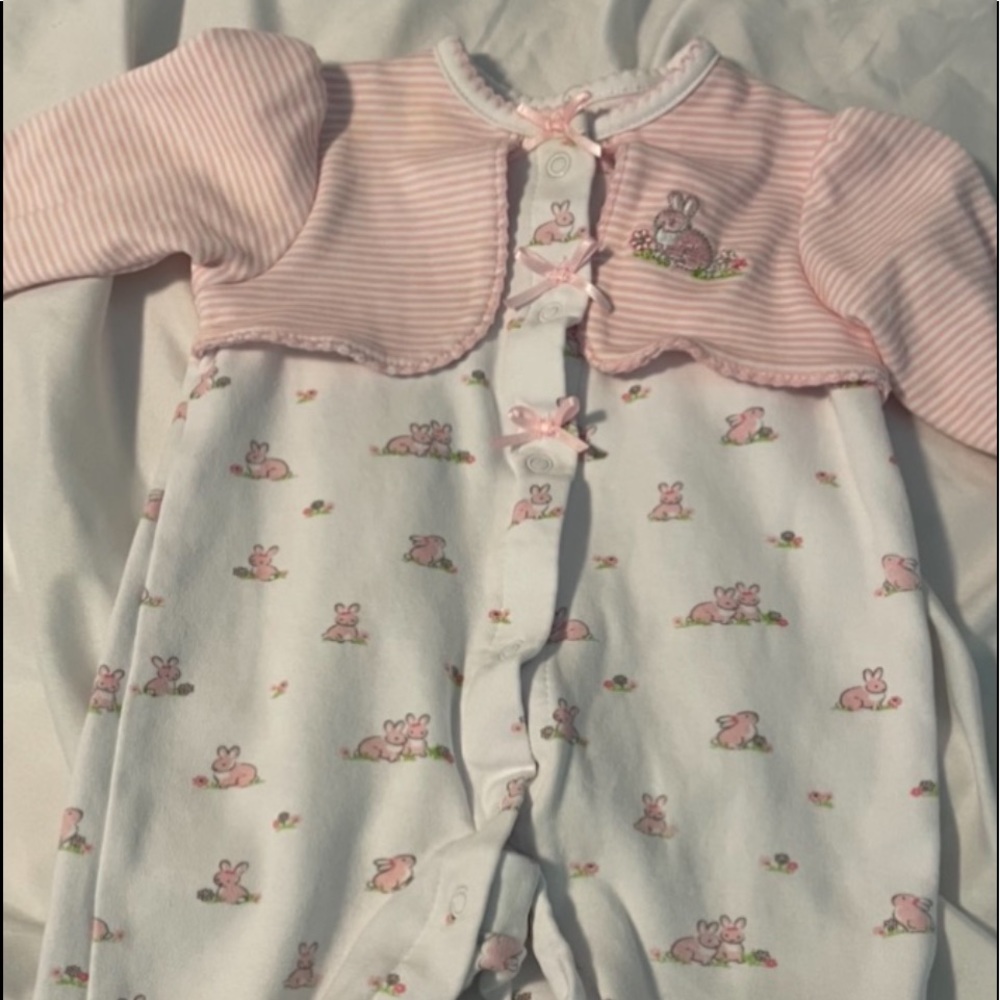 Little Me Newborn Footie Outfit with bunnies on it
